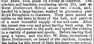 Berse Sunday school treat at Gatewen Hall . July 28th 1883. wrexham advertiser.