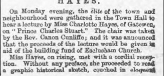 Lecture by Miss Charlotte Hayes of gatewen Hall 20.02.1875 Wrexham Guardian