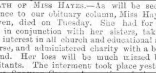 Obituary of one of the Miss Hayes of Gatewen Hall. Taken from the Wrexham Guardian. 23.03.1878.