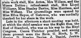 Part1. Ellen Hayes of Gatewen Hall opens'The Earl of Stamford In Wrexham' 10.10.1891. wrexham Advertiser